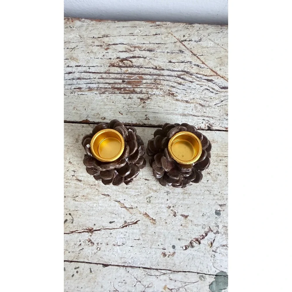 Vintage Dennis East International Pine Cone Tealight Candle Holders Set 2 CSGC